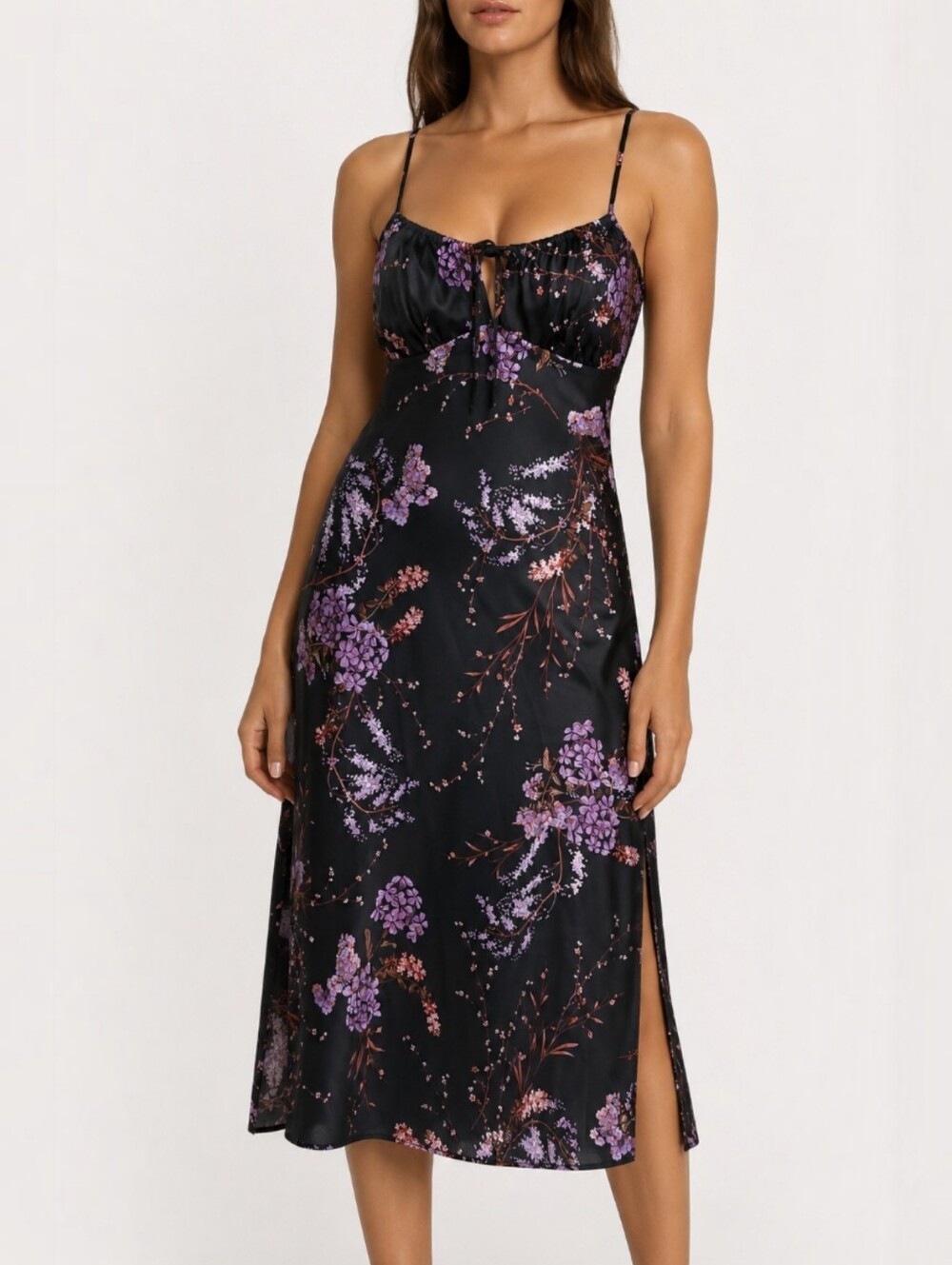 Y2K Babydoll Floral Satin Slip Midi Dress Tie Front Dark Coquette La Vie en Rose